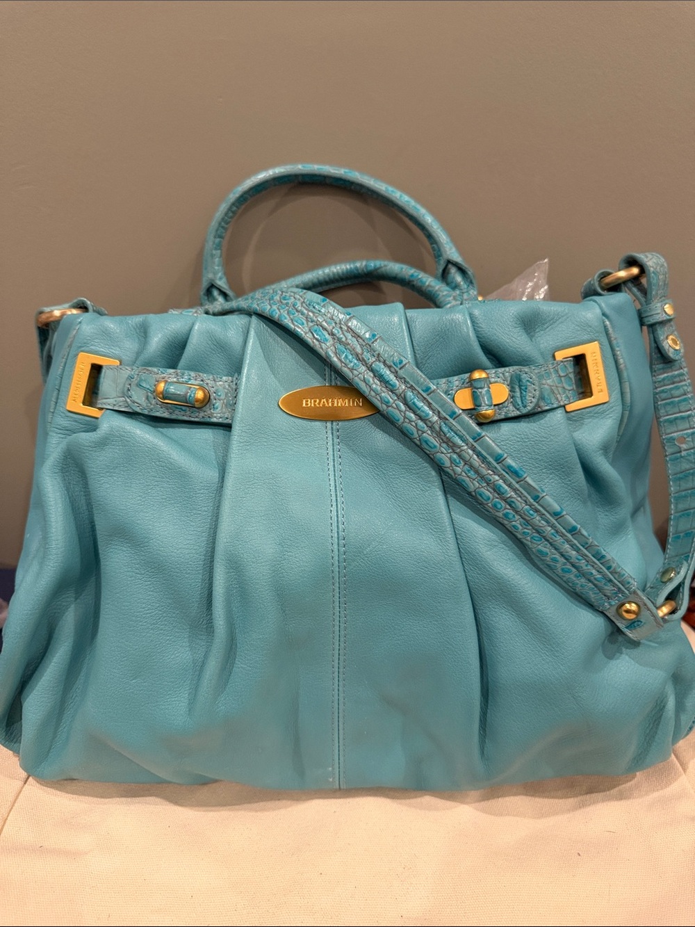 Brahmin Turquoise Leather Tote with Gold Hardware - Picture 2 of 7